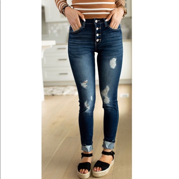 KanCan Denim - KANCAN DARK WASH DISTRESSED CUFFED HEM